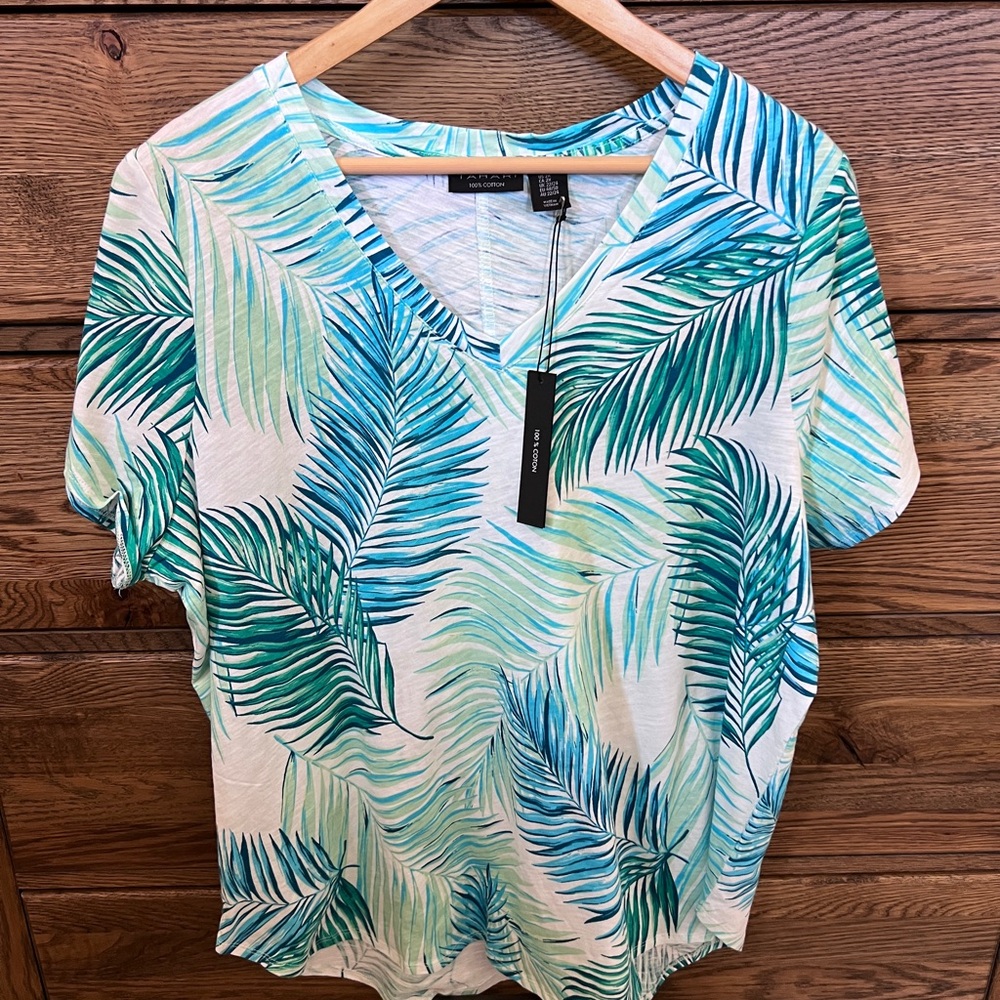 Tahari Palm Leaf Print V-Neck Tee – 100% Cotton – XL – NWT